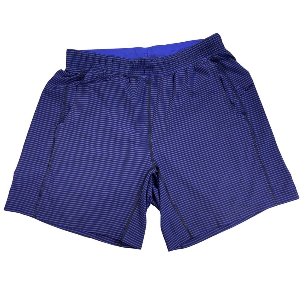 Lululemon Linerless 8" Core Athletic Drawstring Shorts Mens Large Blue Striped